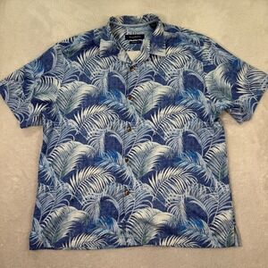Tommy Bahama Men's XL Blue Palm Leaf Floral 100% Silk Button Down Hawaiian Shirt
